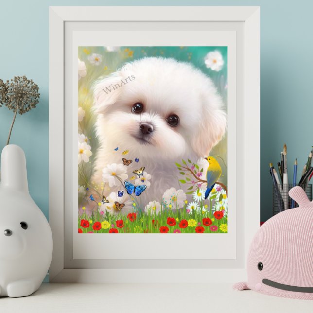 Cute Maltese white puppy dog in Floral Garden Art Poster (Creator Uploaded)