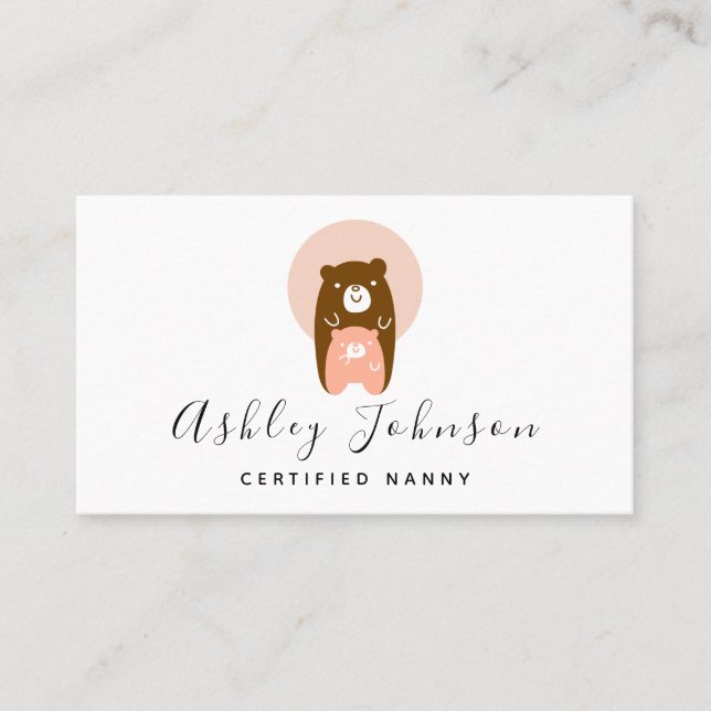 Cute Mama & Baby Bear Certified Nanny Babysitter   Business Card (Front)