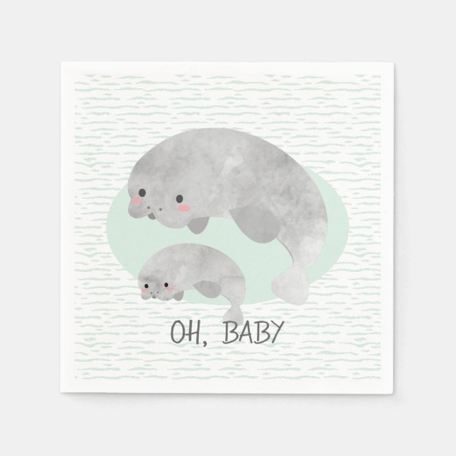Cute Mama & Baby Manatee with Waves Baby Shower Napkin (Front)