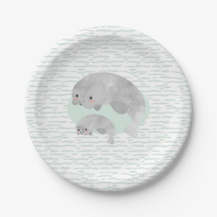 Cute Mama & Baby Manatee with Waves Baby Shower Paper Plate