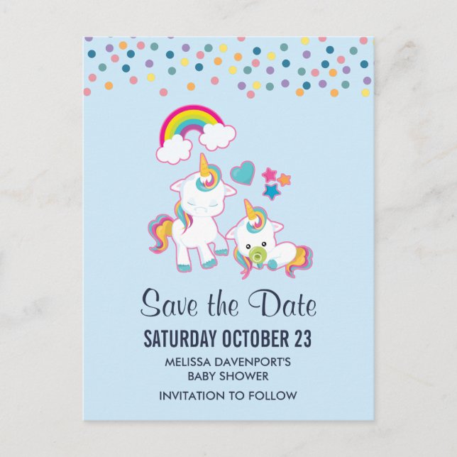 Cute Mama & Baby Unicorn Magical Save the Date Postcard (Front)