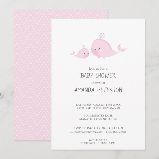 Cute Mama & Baby Whales Pink Chevron Baby Shower Invitation (Front/Back)