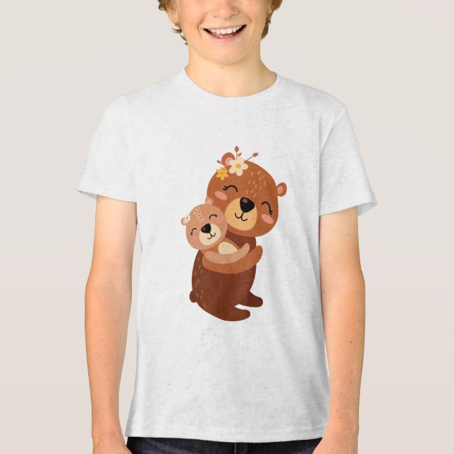 Cute Mama Bear Hugging Baby Cub Illustration Tri-Blend Shirt (Front)
