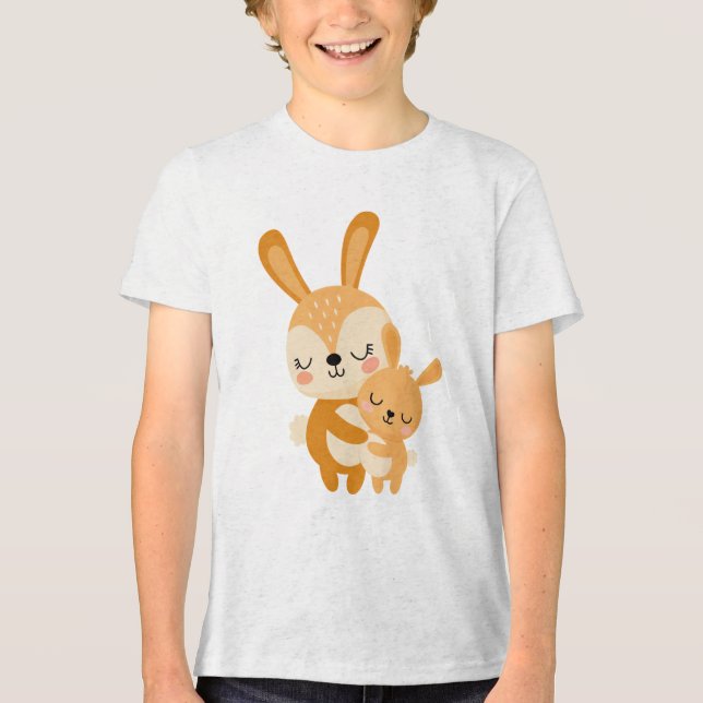 Cute Mama Bunny Hugging Baby Bunny Illustration Tri-Blend Shirt (Front)