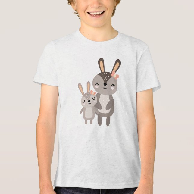 Cute Mama Bunny Standing with Baby Bunny Tri-Blend Shirt (Front)