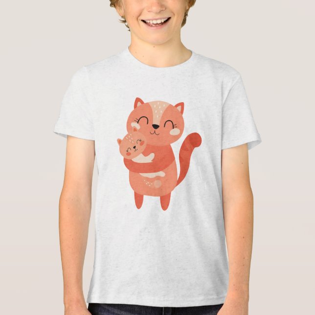 Cute Mama Cat Hugging Kitten Illustration Tri-Blend Shirt (Front)