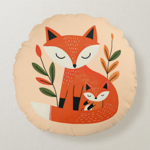 Cute Mama Fox& Baby Cub Whimsical Woodland Nursery Round Cushion