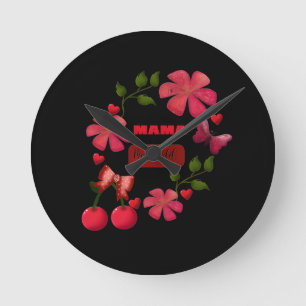 Cute Mama My World Floral Cherry Heart Design Round Clock