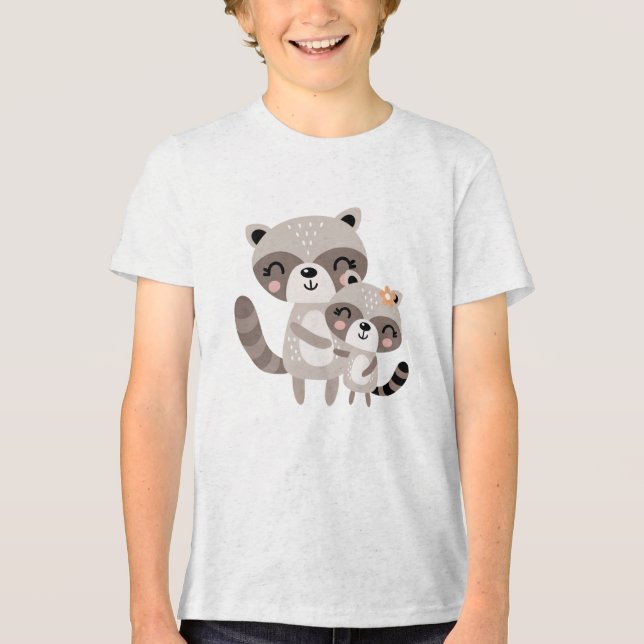 Cute Mama Raccoon Hugging Baby Raccoon Tri-Blend Shirt (Front)