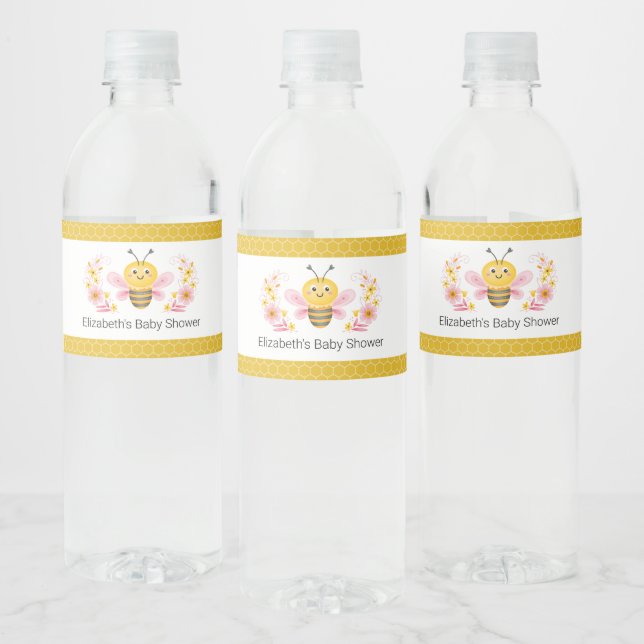 Cute Mama to Bee Yellow Pink Baby Shower Water Bottle Label (Bottles)