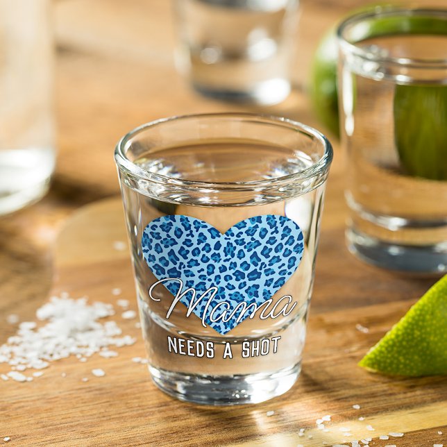 Cute Mama Word Art on Blue Leopard Patterned Heart Shot Glass (Creator Uploaded)