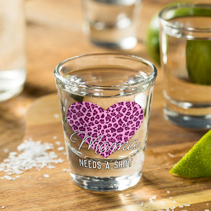 Cute Mama Word Art on Pink Leopard Patterned Heart Shot Glass