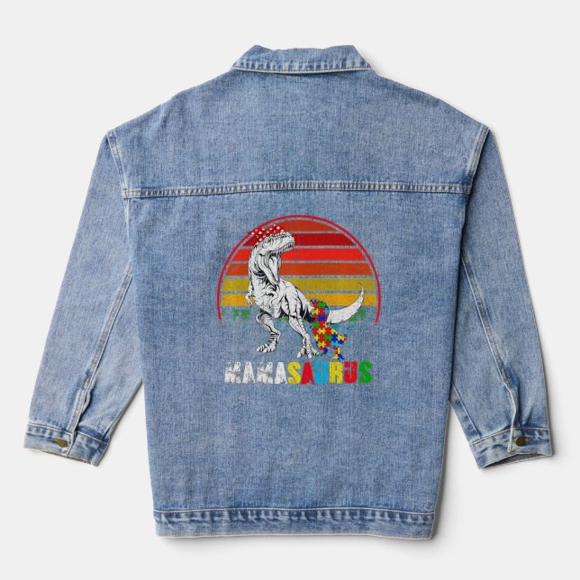 Cute Mamasaurus T rex Dinosaur Mama Autism Awarene Denim Jacket (Back)