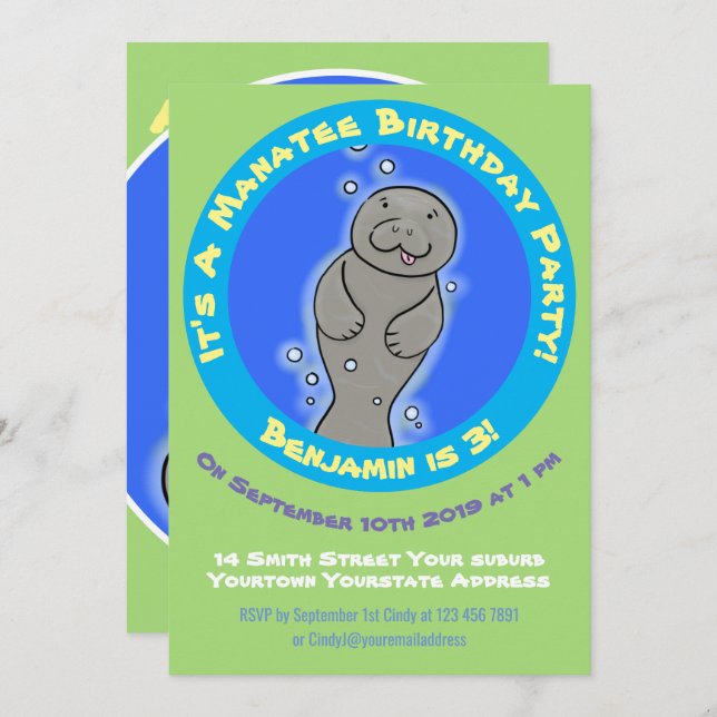 Cute manatee cartoon  invitation (Front/Back)