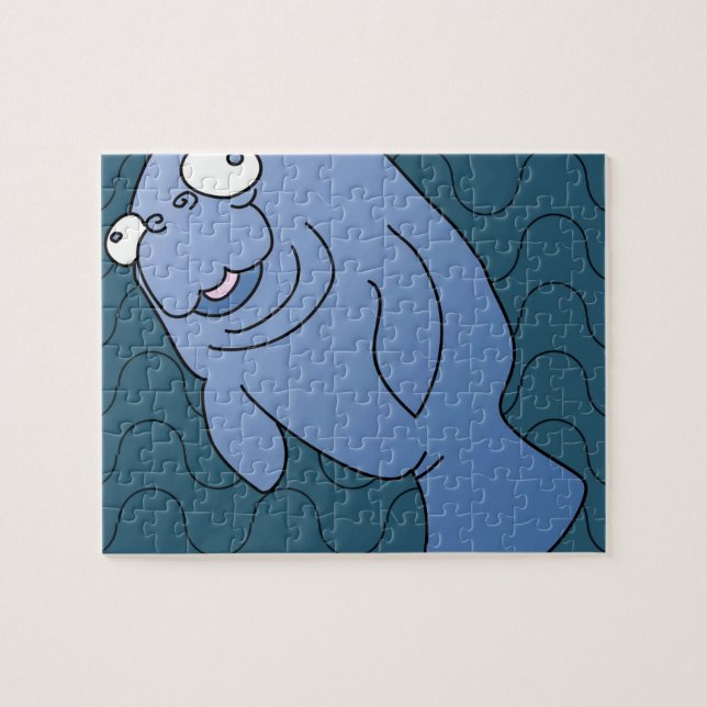 Cute Manatee Hugger Cartoon Animal Jigsaw Puzzle (Horizontal)