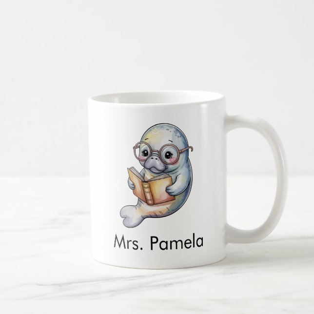 Cute Manatee Reading a Book Custom Coffee Mug (Right)