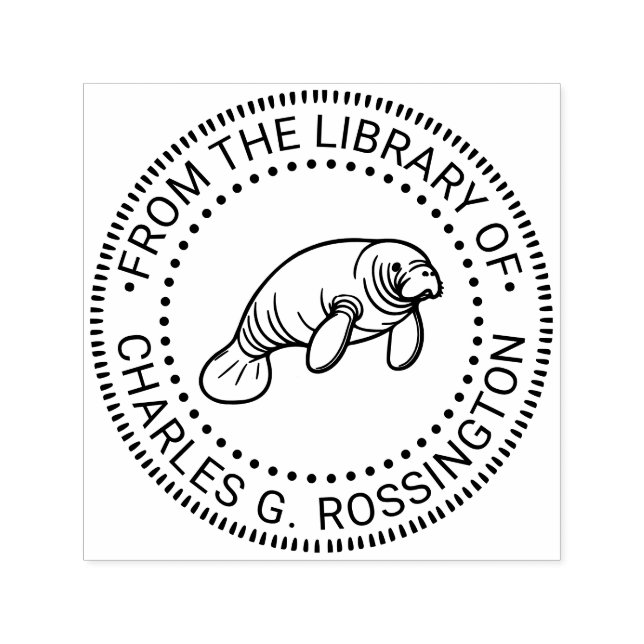 Cute Manatee Sea Cow #2 Round Library Book Name Self-inking Stamp (Design)