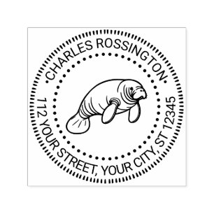Cute Manatee Sea Cow #2 Round Name Return Address Self-inking Stamp