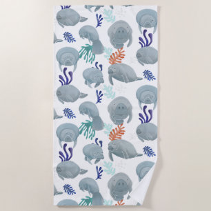 Cute Manatees With Bubbles Pattern Beach Towel