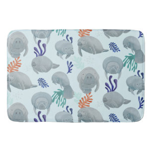 Cute Manatees With Bubbles Pattern - Light Blue Bath Mat