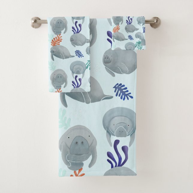 Cute Manatees With Bubbles Pattern - Light Blue Bath Towel Set (Insitu)