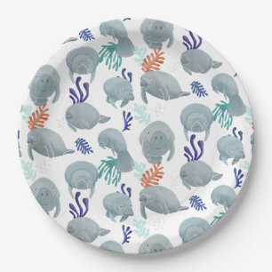 Cute Manatees With Bubbles Pattern - White Paper Plate