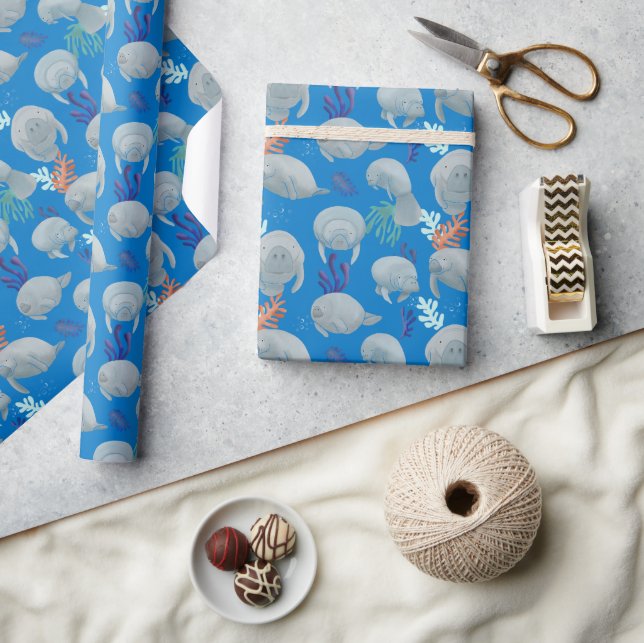 Cute Manatees With Bubbles Pattern Wrapping Paper (Crafts)