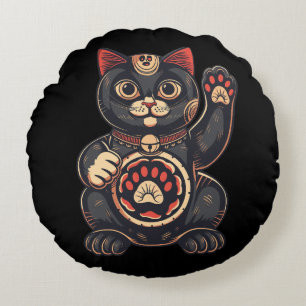 cute Maneki Neko cat print drawn Japanese Round Cushion