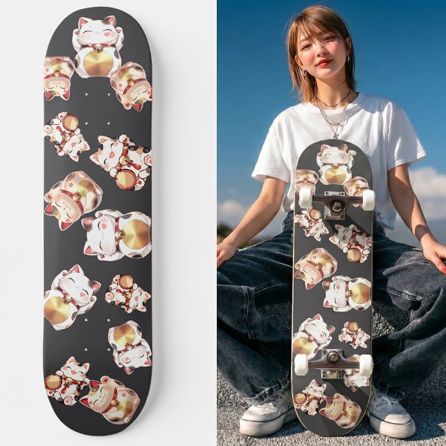 Cute Maneki Neko Japanese Lucky Cat Pattern Skateboard (Trucks and wheels are customization options and are not included in the price.)