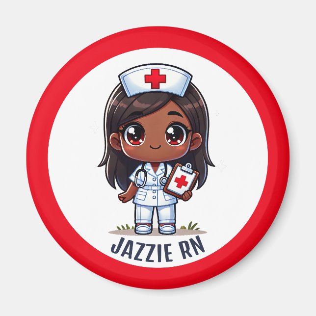 Cute Manga Black Nurse Brown Eyes Custom Magnet (Front)