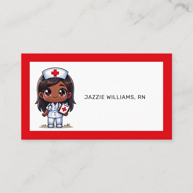 Cute Manga Black Nurse Brown Hair and Eyes Custom Business Card (Front)