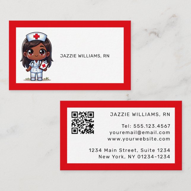 Cute Manga Black Nurse Brown Hair and Eyes Custom Business Card (Front/Back)