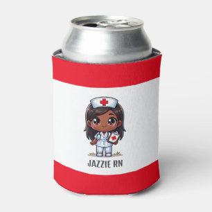 Cute Manga Black Nurse Brown Hair and Eyes Custom Can Cooler