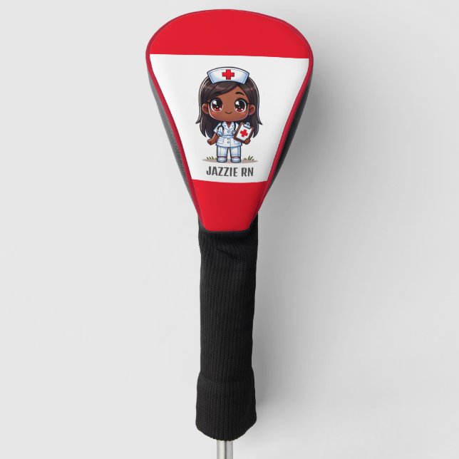 Cute Manga Black Nurse Brown Hair and Eyes Custom Golf Head Cover (Front)