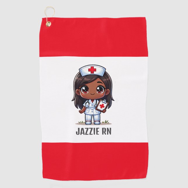Cute Manga Black Nurse Brown Hair and Eyes Custom Golf Towel (Front)