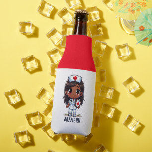 Cute Manga Black Nurse Brunette Brown Eyes Custom Bottle Cooler