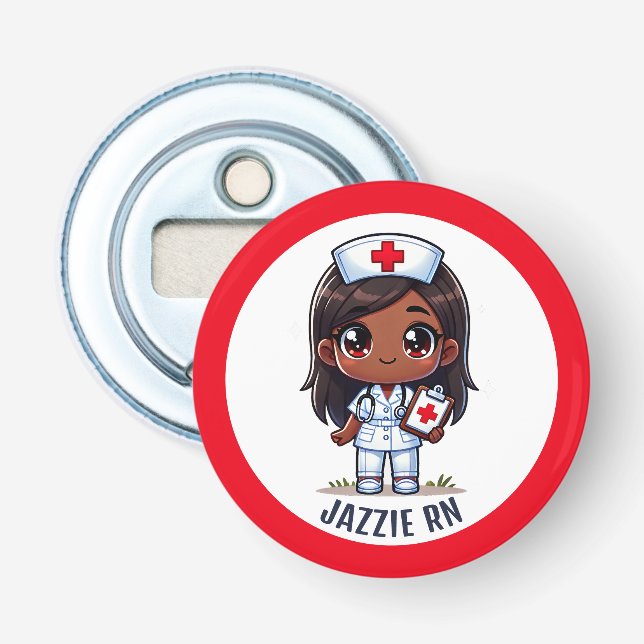 Cute Manga Black Nurse Caricature Personalised Bottle Opener (Front)