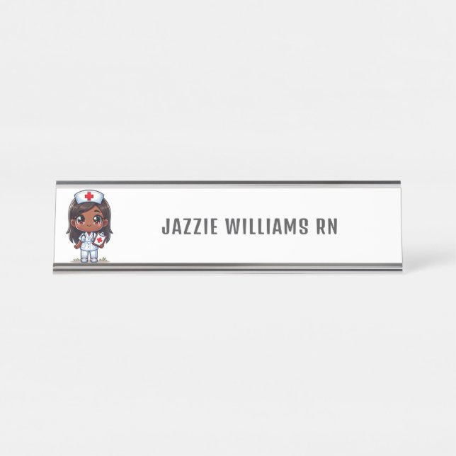 Cute Manga Black Nurse Personalised Desk Name Plate (Front)