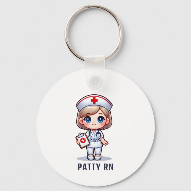 Cute Manga Blonde Nurse Caricature Personalised Key Ring (Front)