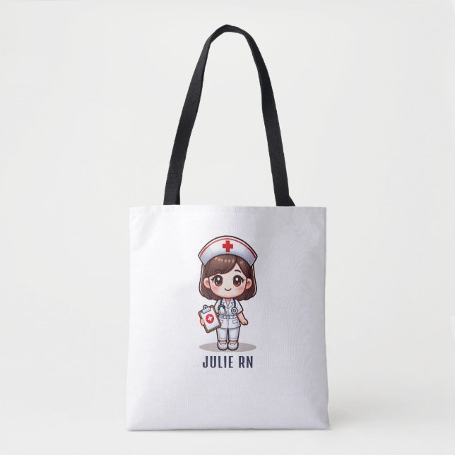 Cute Manga Brunette Nurse Caricature Personalised Tote Bag (Front)