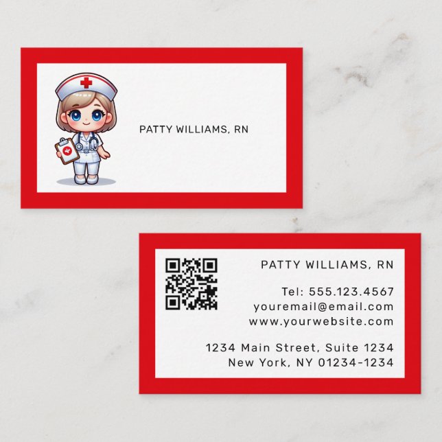 Cute Manga Nurse with Blonde Hair QR Code Business Card (Front/Back)