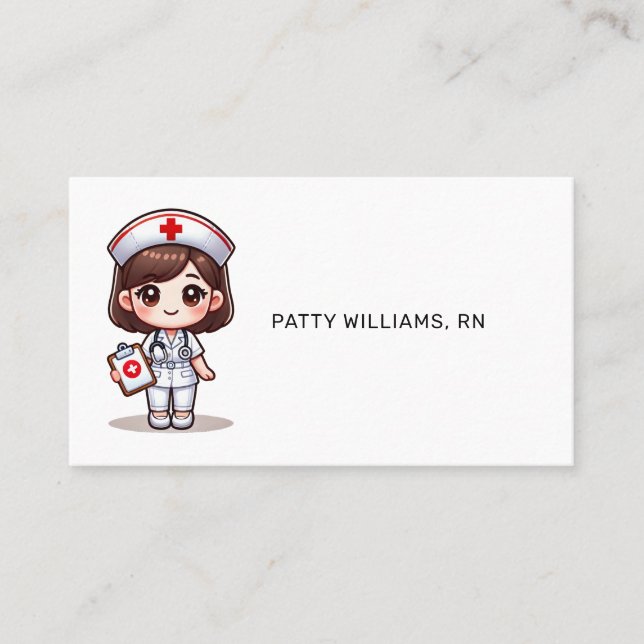 Cute Manga Nurse with Brown Hair Brown Eyes Custom Business Card (Front)