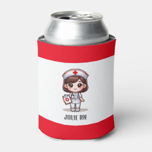 Cute Manga Nurse with Brown Hair Brown Eyes Custom Can Cooler