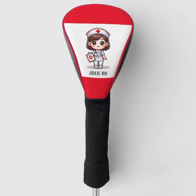 Cute Manga Nurse with Brown Hair Brown Eyes Custom Golf Head Cover (Front)