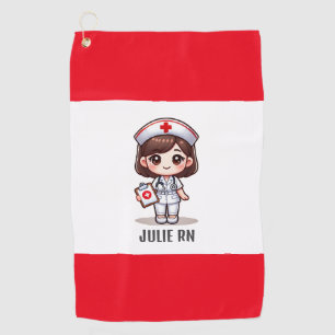 Cute Manga Nurse with Brown Hair Brown Eyes Custom Golf Towel