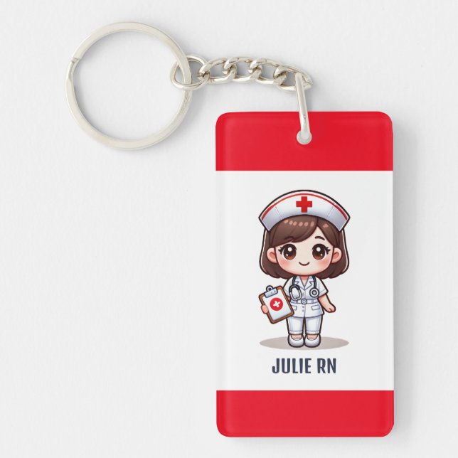 Cute Manga Nurse with Brown Hair Brown Eyes Custom Key Ring (Front)