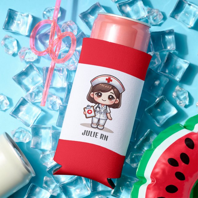 Cute Manga Nurse with Brown Hair Brown Eyes Custom Seltzer Can Cooler (In Situ Summer)