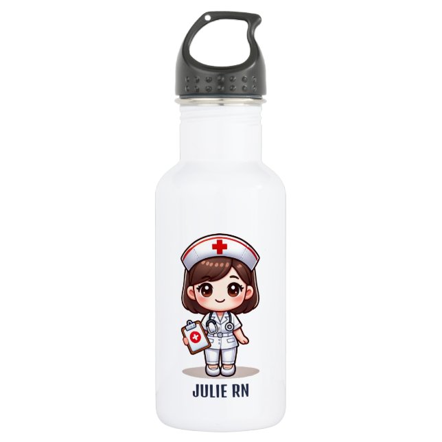 Cute Manga Nurse with Brown Hair Personalised 532 Ml Water Bottle (Front)