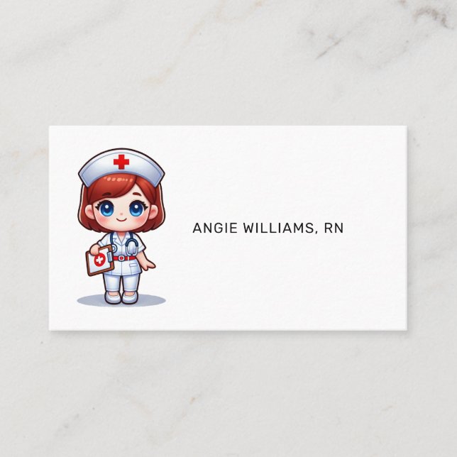 Cute Manga Nurse with Red Hair Blue Eyes Custom Business Card (Front)