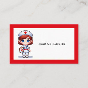 Cute Manga Nurse with Red Hair Blue Eyes Custom Business Card